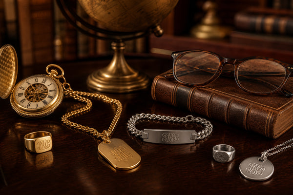 Meaningful retirement gifts including coordinates jewelry arranged with vintage pocket watch, globe, and leather book on mahogany desk