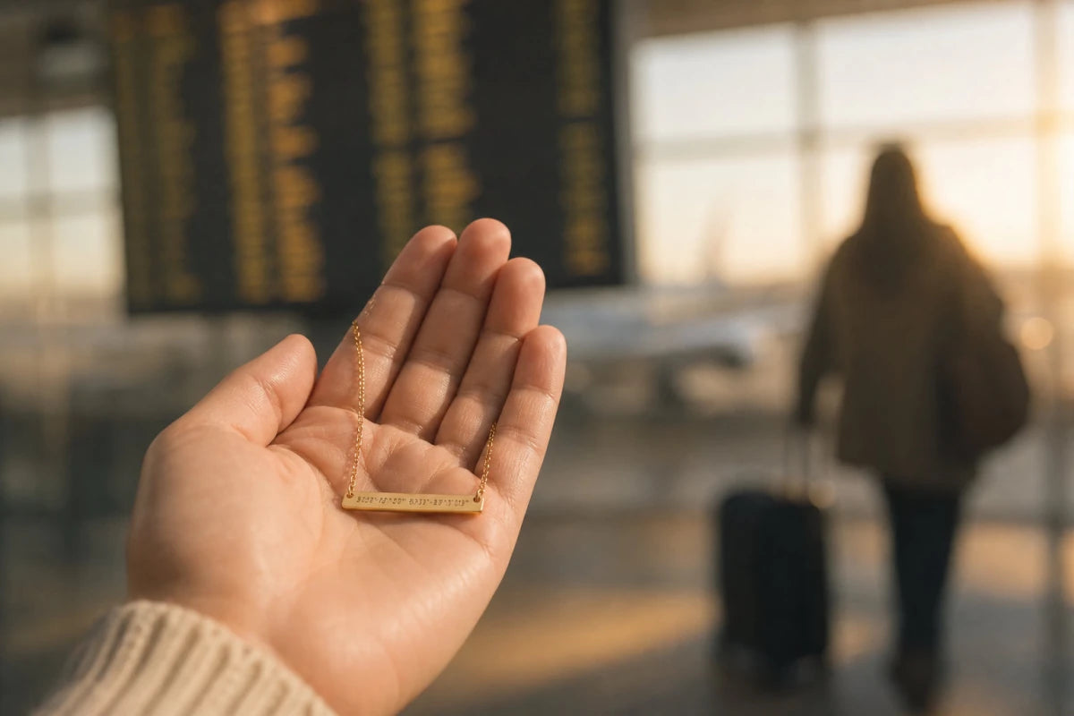 Going away gift - gold coordinates necklace held in palm with airport departure board in background representing farewell and meaningful keepsakes