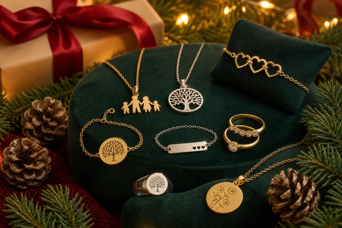 Personalized Christmas gift jewelry including coordinates necklaces and bracelets arranged with festive evergreen decorations and warm lighting