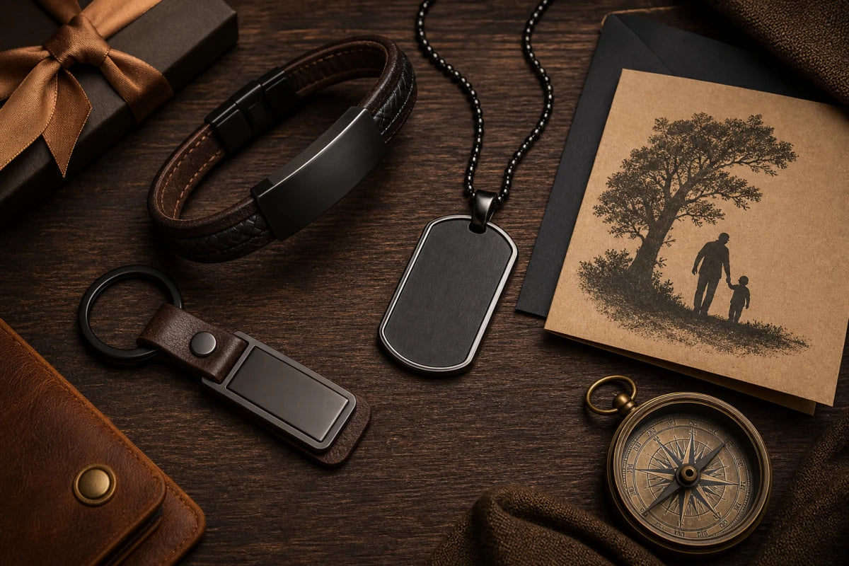 Personalized Father's Day gifts including coordinates dog tag, leather bracelet, and custom keychain on dark wood surface