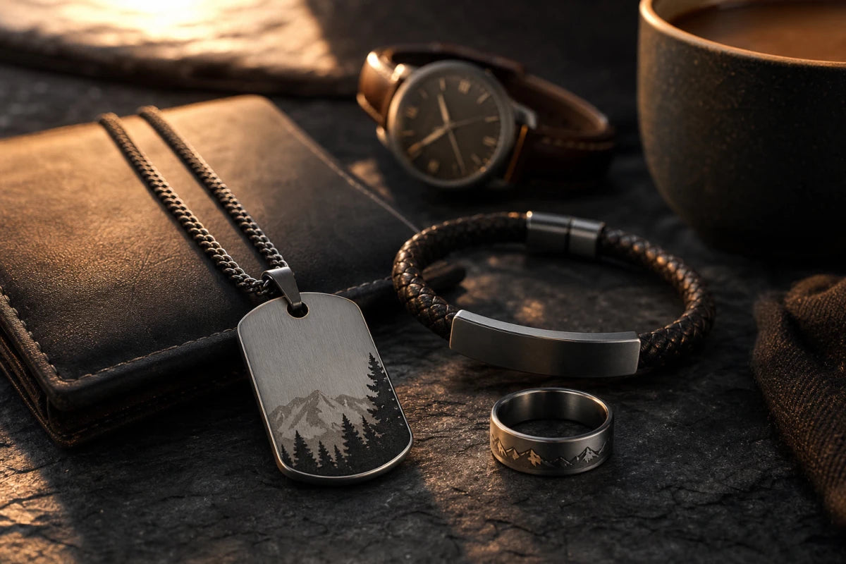 Personalized gifts for boyfriend including coordinates dog tag, leather bracelet, and ring on dark slate surface with masculine accessories