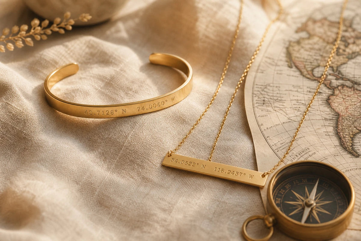 Gold coordinates cuff bracelet and bar necklace on linen cloth with vintage map and compass