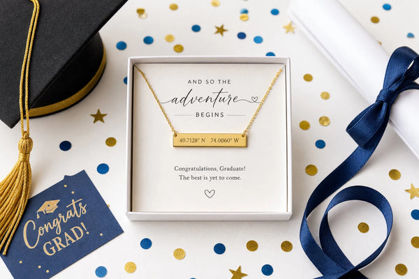 Personalized coordinates necklace gift with graduation cap and diploma