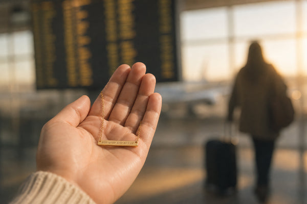 Going away gift - gold coordinates necklace held in palm with airport departure board in background representing farewell and meaningful keepsakes