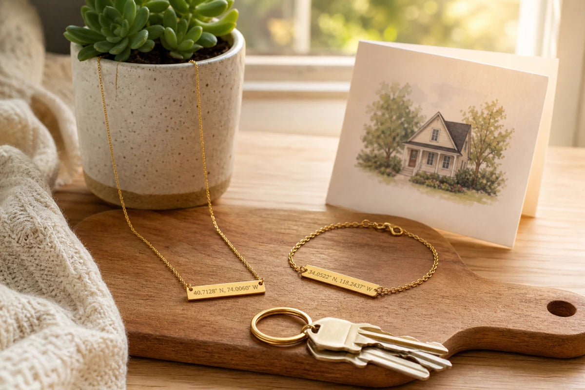 New home housewarming gifts featuring coordinates jewelry with house keys, succulent plant, and welcome card in warm sunlit setting