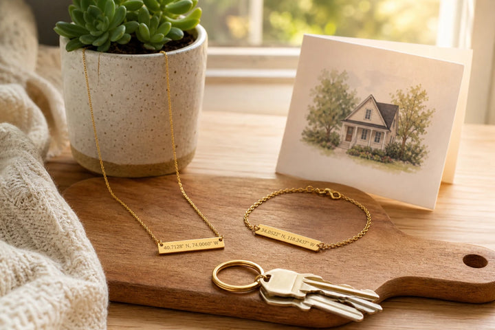 New home housewarming gifts featuring coordinates jewelry with house keys, succulent plant, and welcome card in warm sunlit setting