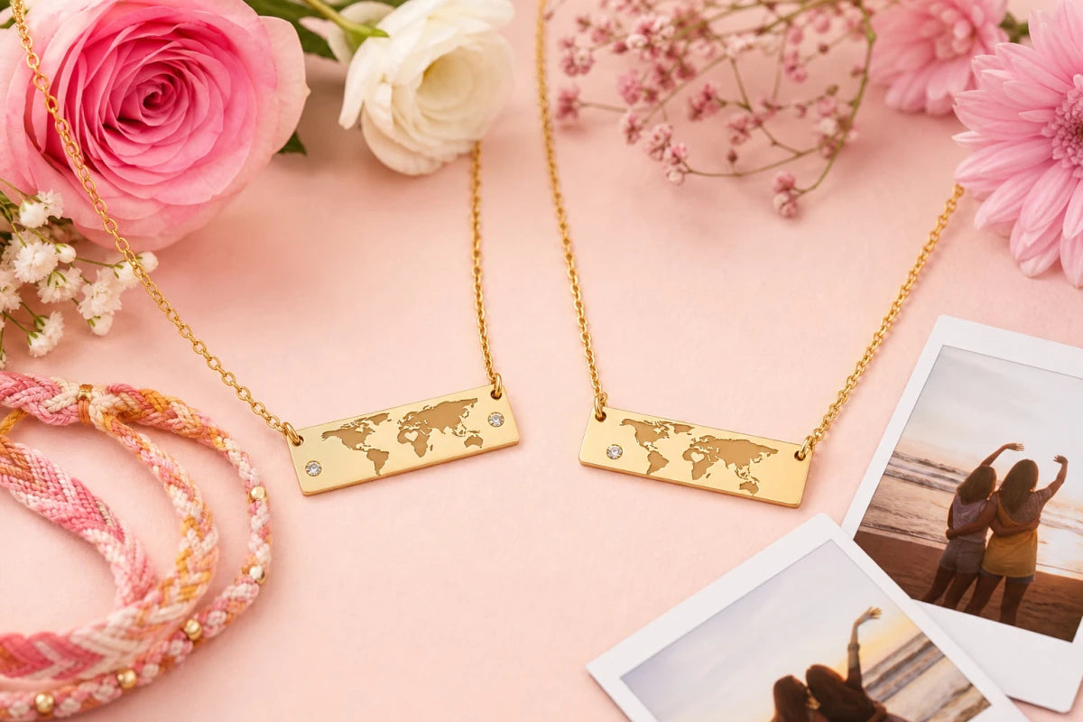 Sentimental best friend gifts featuring matching coordinates necklaces displayed with flowers and polaroid photos celebrating friendship