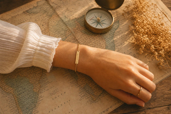 Gold coordinates bracelet on a wrist resting on a vintage world map with travel accessories