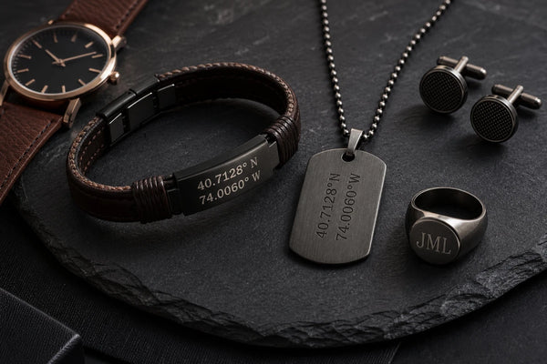 Men's personalized coordinates jewelry collection on dark slate with leather accessories