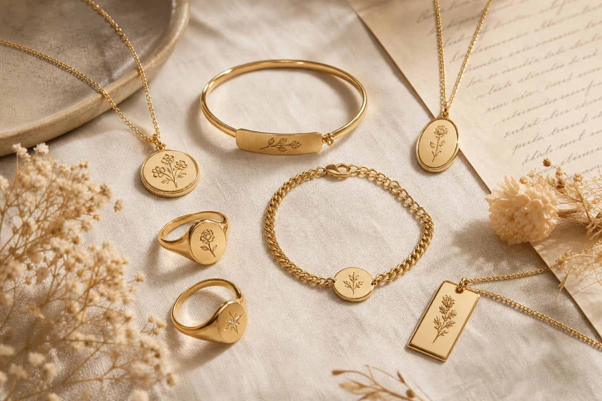 Top 10 meaningful personalized gifts including coordinates necklaces, bracelets, and custom engraved jewelry arranged in editorial flat-lay style