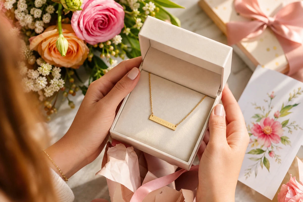 Personalized birthday gift - gold coordinates necklace in premium gift box surrounded by birthday flowers and a handwritten card