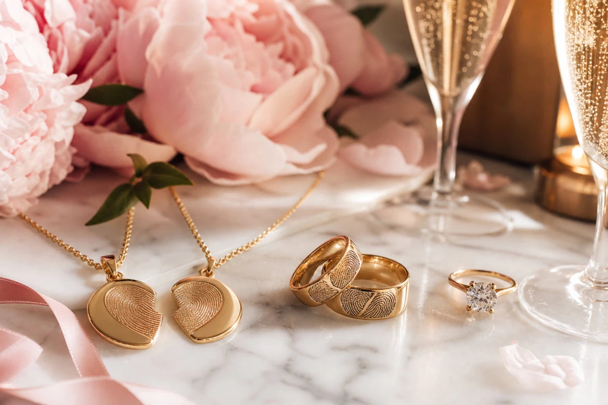 Unique engagement gift ideas featuring personalized coordinates necklaces and couple rings with engagement ring, flowers, and champagne