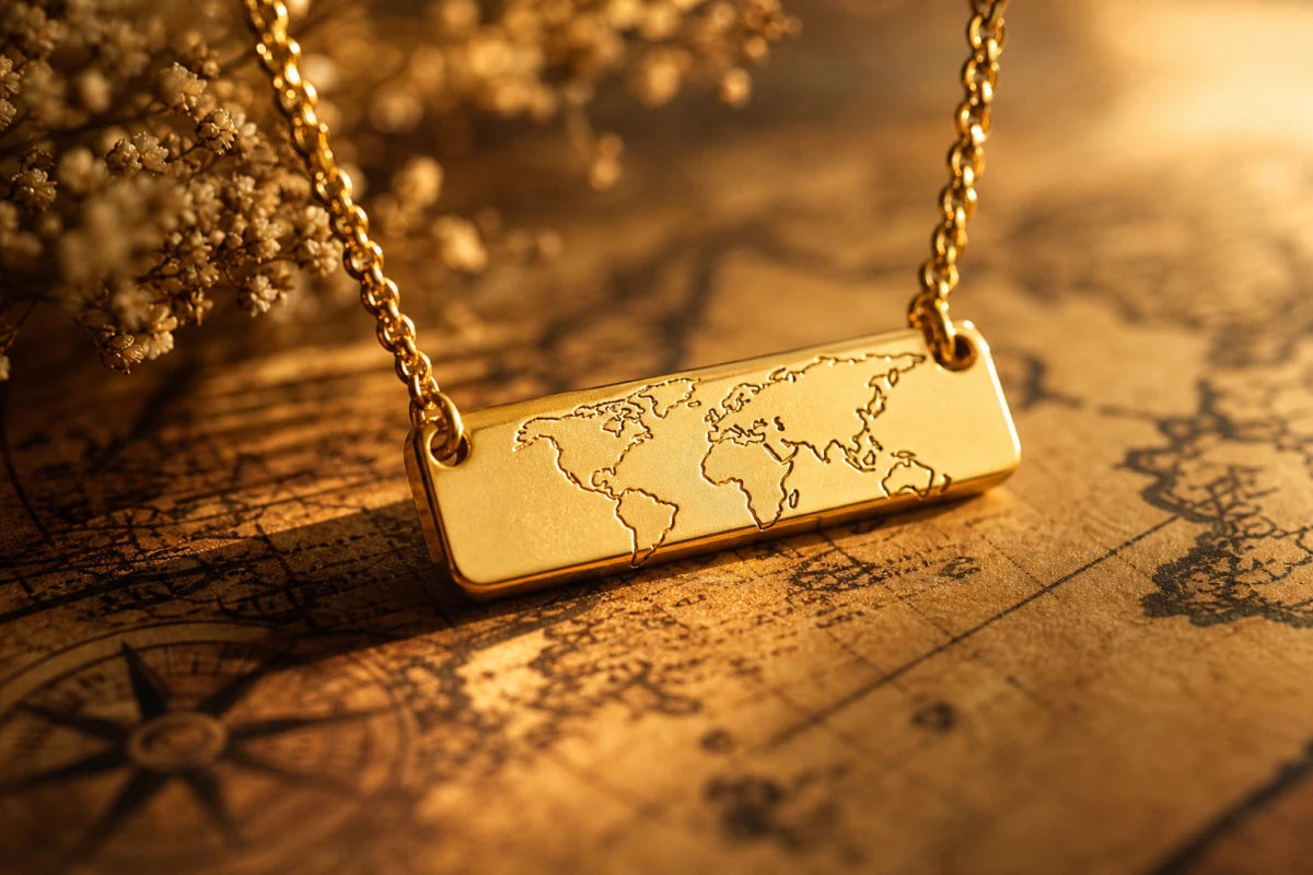 Gold coordinates necklace pendant in warm sunlight with vintage world map background representing meaningful personalized jewelry