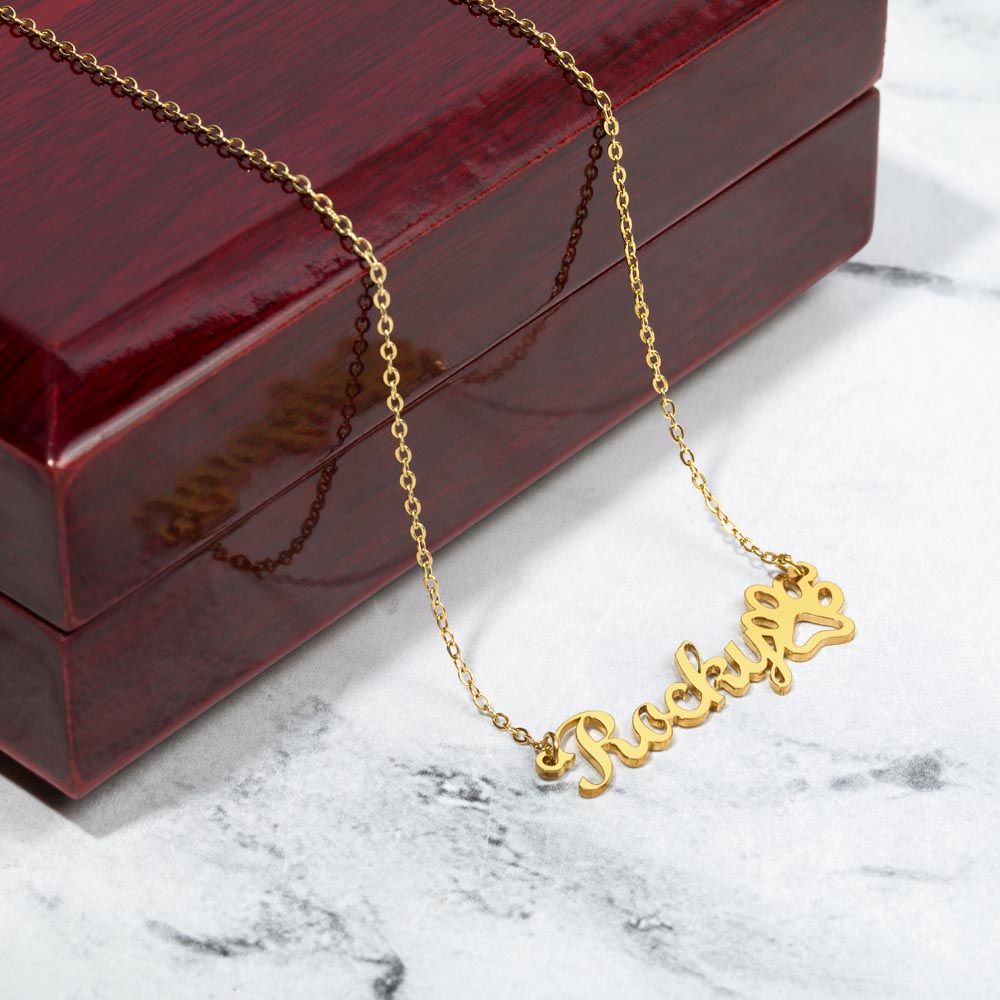 Custom Name Necklace With Paw Print For Dog Moms, 18k Yellow Gold Finish - OurCoordinates