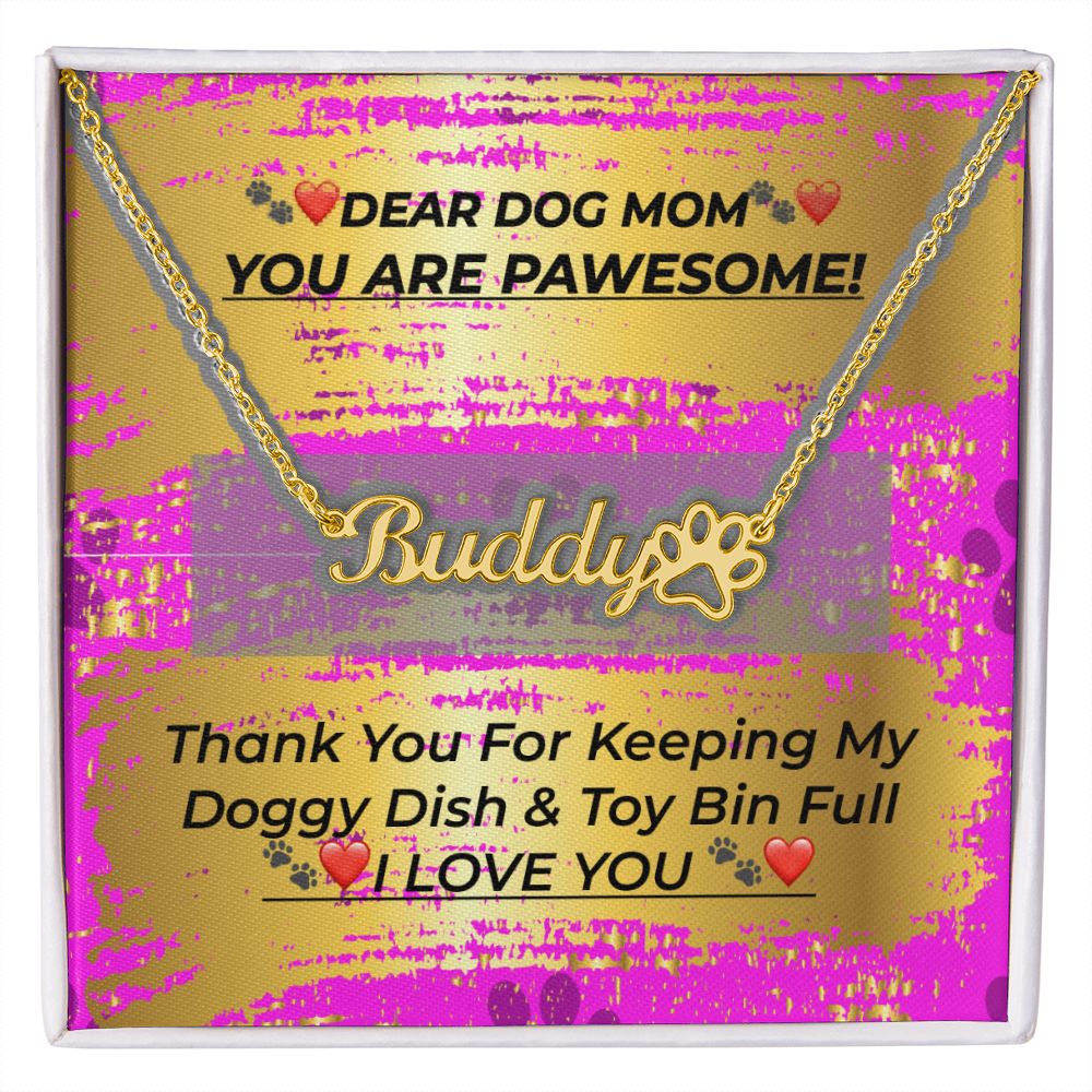 Custom Name Necklace With Paw Print For Dog Moms, 18k Yellow Gold Finish - OurCoordinates