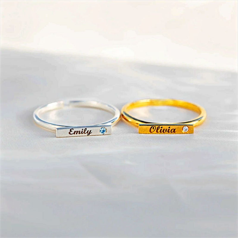 Engraved Name Ring With Custom Birthstone, Gold - OurCoordinates