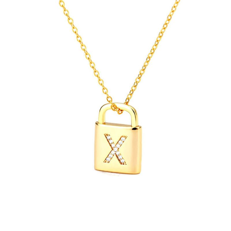 Gold Lock Necklace With Initial Letter Zircon, X - OurCoordinates