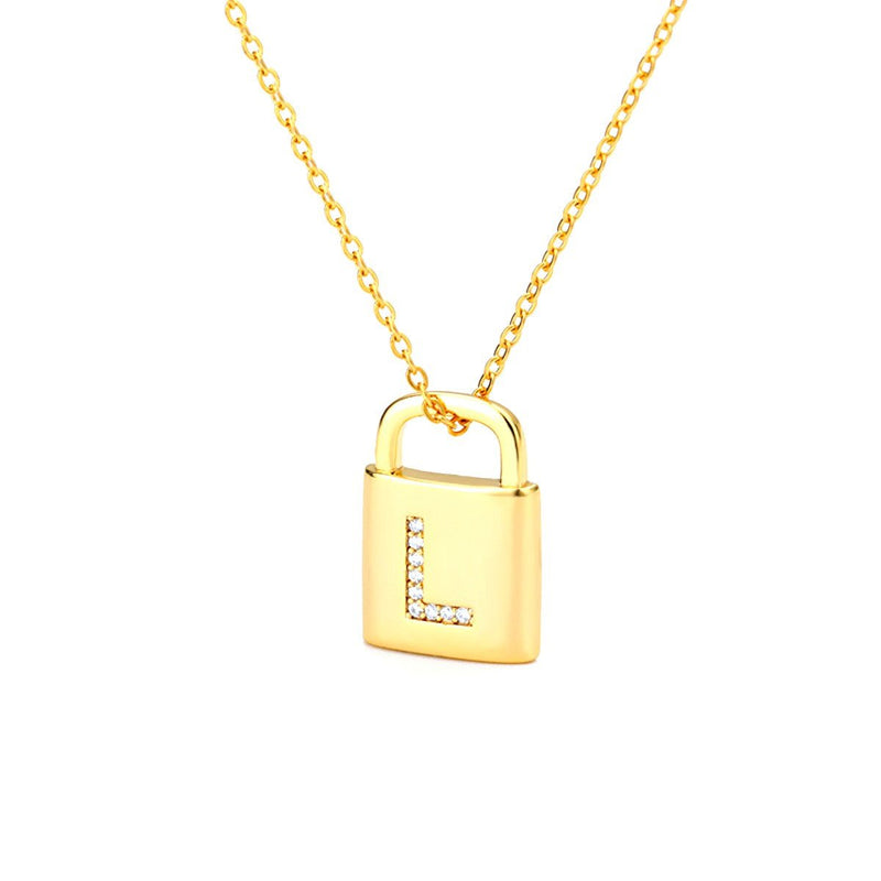 Gold Lock Necklace With Initial Letter Zircon, L - OurCoordinates