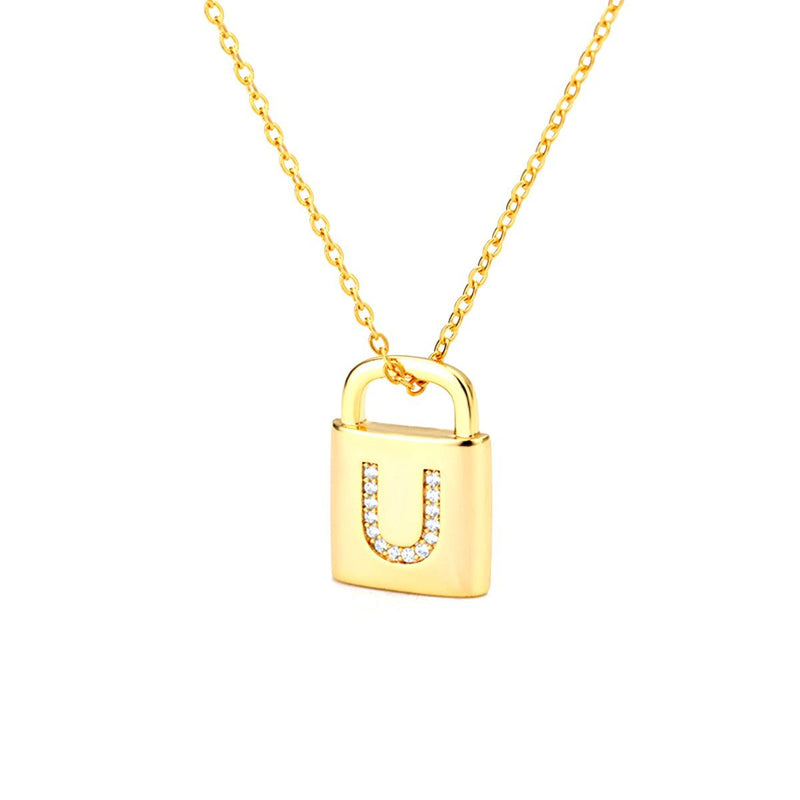 Gold Lock Necklace With Initial Letter Zircon, U - OurCoordinates