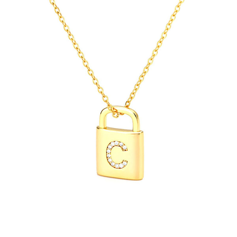 Gold Lock Necklace With Initial Letter Zircon, C - OurCoordinates