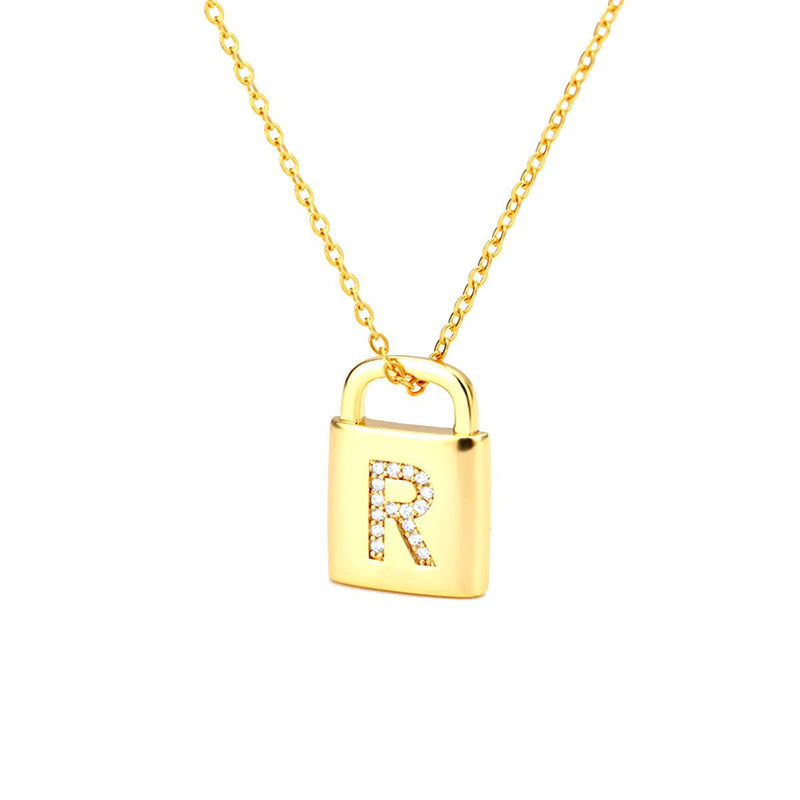 Gold Lock Necklace With Initial Letter Zircon, R - OurCoordinates