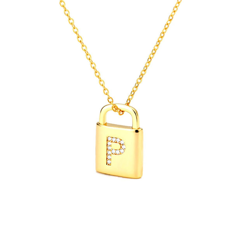 Gold Lock Necklace With Initial Letter Zircon, P - OurCoordinates
