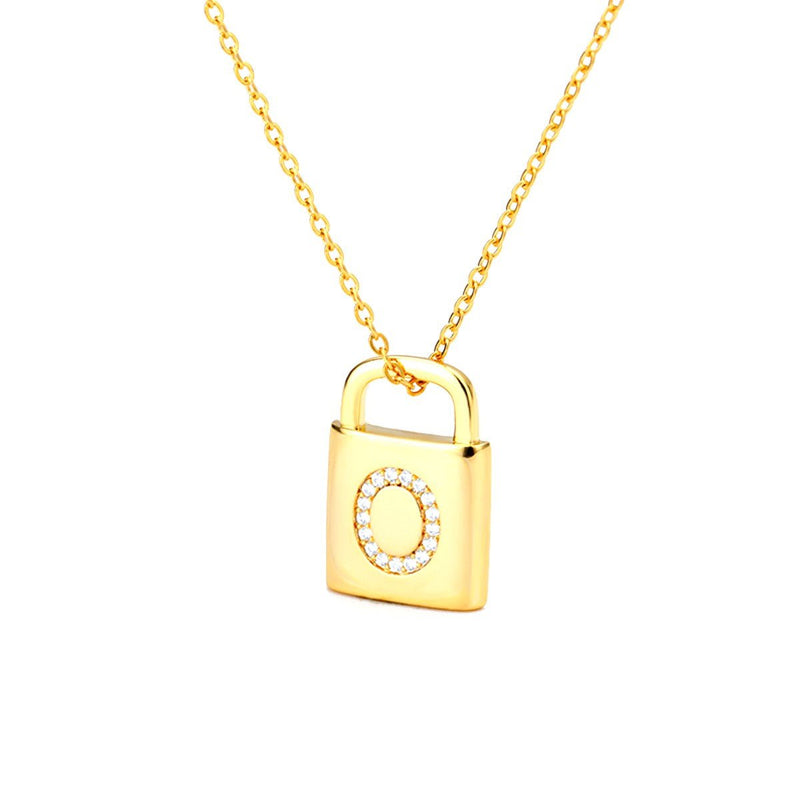 Gold Lock Necklace With Initial Letter Zircon, O - OurCoordinates
