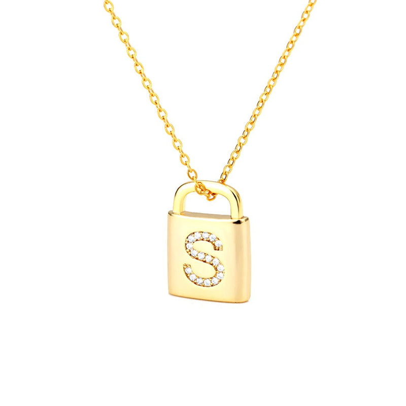 Gold Lock Necklace With Initial Letter Zircon, S - OurCoordinates