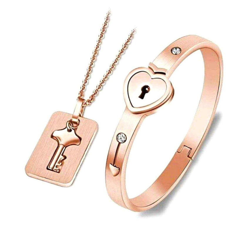 Lock Bracelet With Matching Key Necklace Jewelry Set, Rose Gold - OurCoordinates
