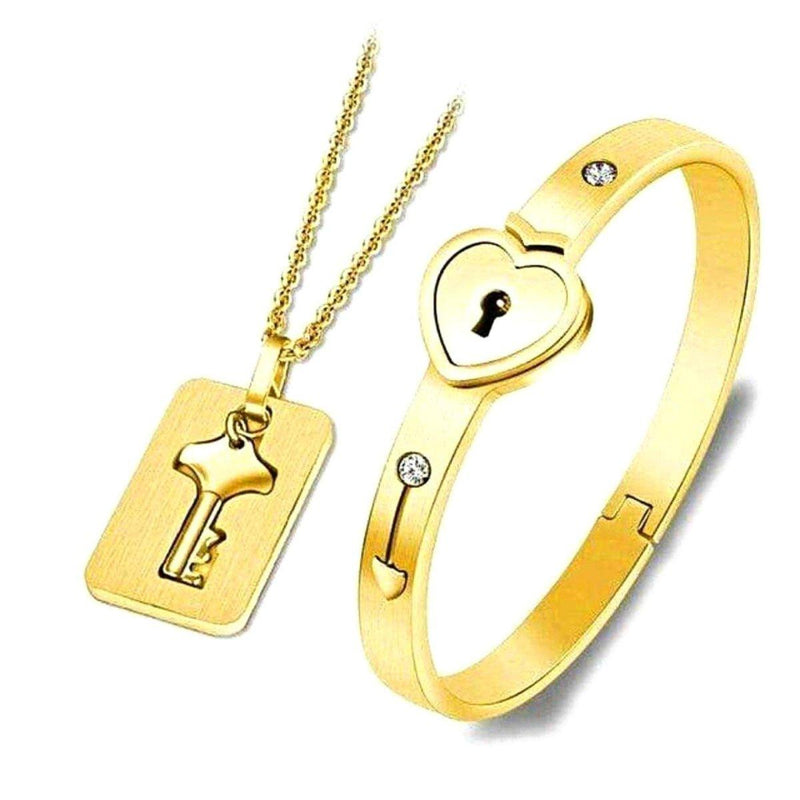 Lock Bracelet With Matching Key Necklace Jewelry Set, Gold - OurCoordinates