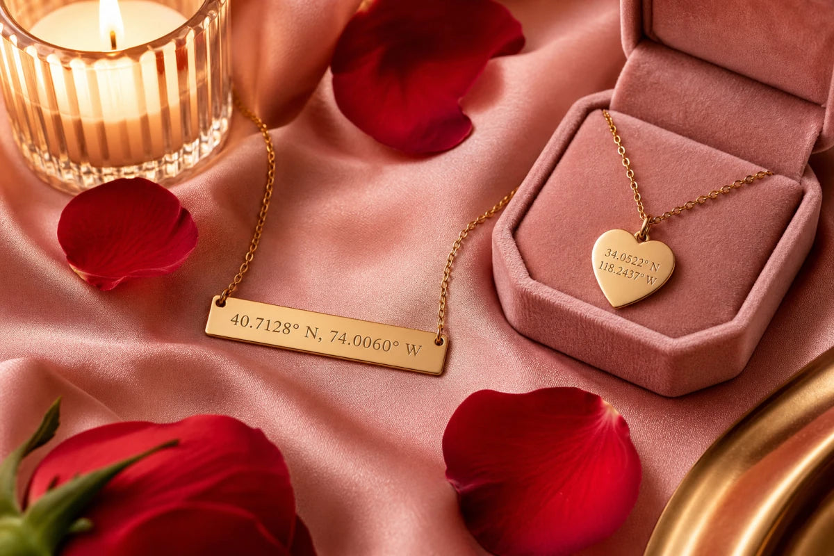 Gold coordinates necklace and heart pendant with rose petals - unique Valentine's Day gift ideas 2026