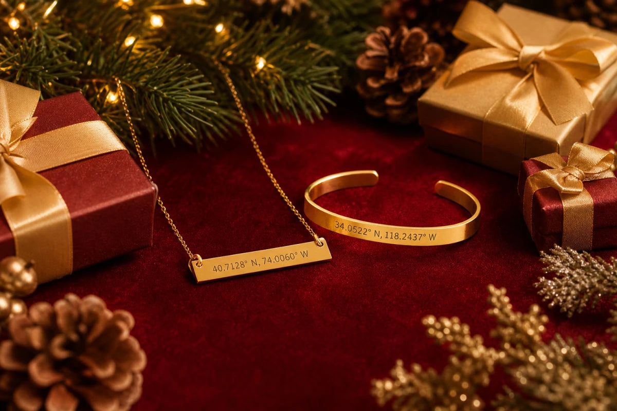 Gold coordinates jewelry on red velvet with holiday decorations - personalized Christmas gifts under $50
