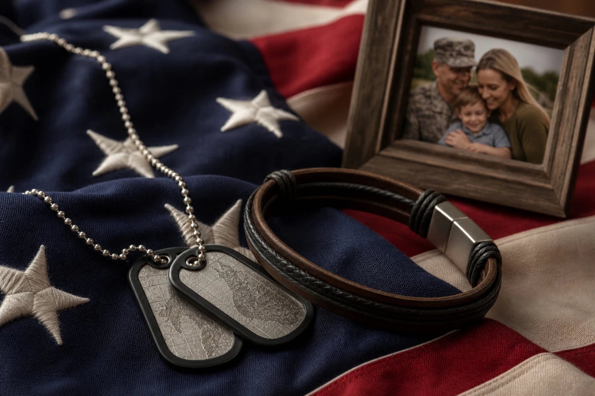 Military deployment gifts including coordinates dog tag and leather bracelet displayed with American flag fabric and family photo