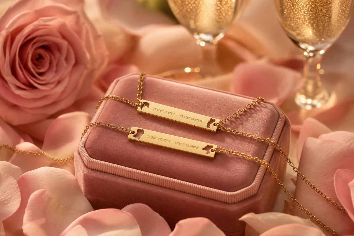 Matching gold coordinates necklaces on pink velvet jewelry box with rose petals and champagne