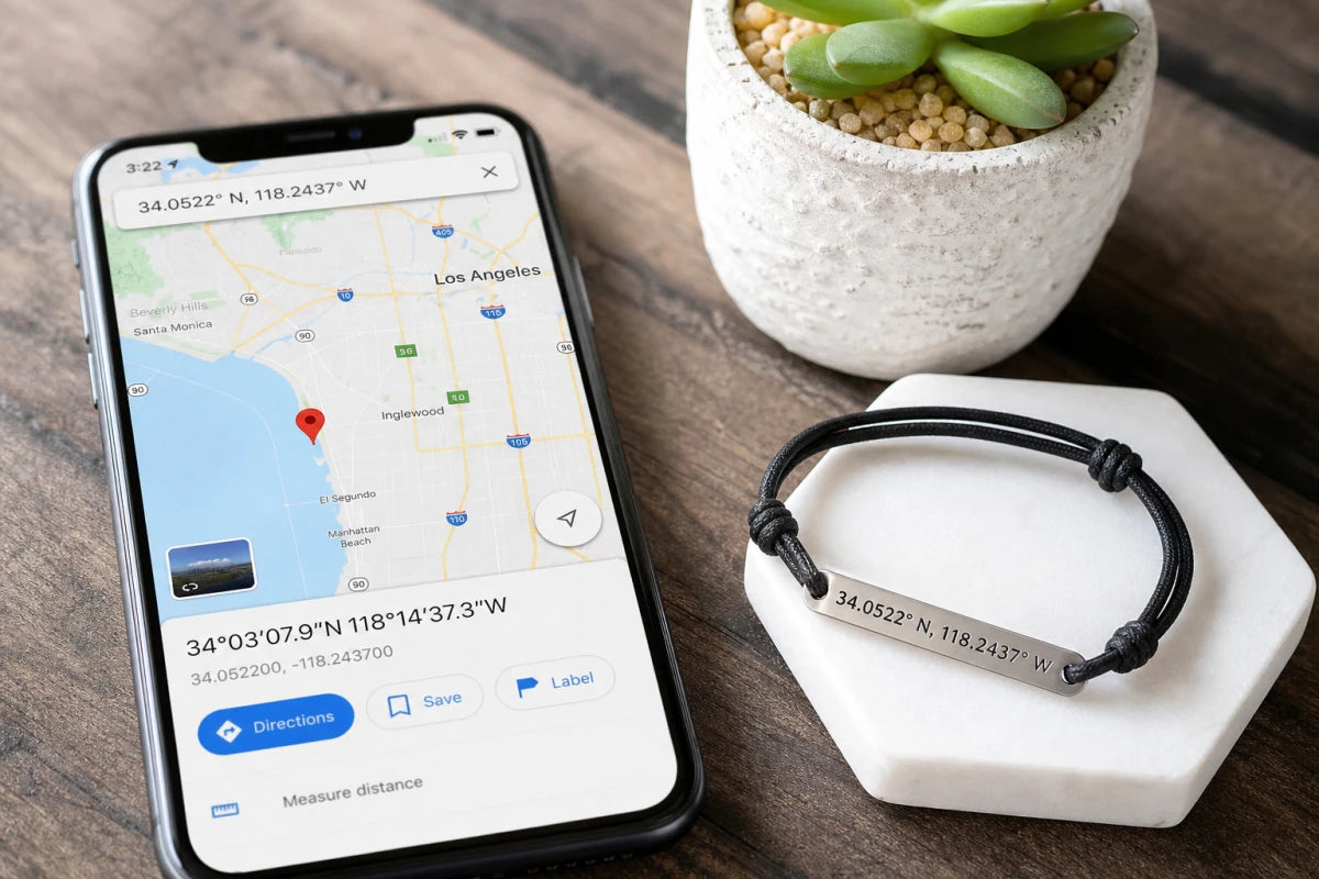 Smartphone showing GPS coordinates on a map next to a coordinates bracelet