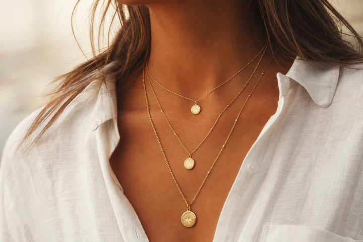 Styled layered coordinates necklaces on woman in casual outfit showing how to wear and stack personalized jewelry for everyday looks