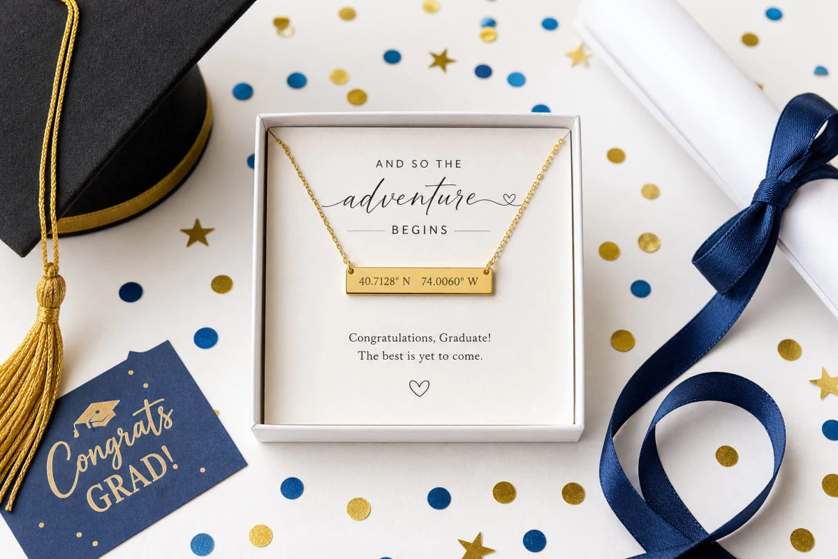 Personalized coordinates necklace gift with graduation cap and diploma
