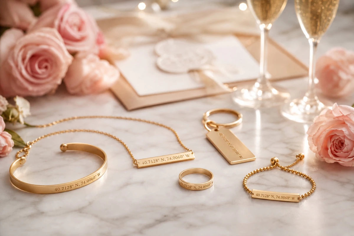 Personalized coordinates wedding gifts including matching necklaces and couple rings arranged with roses and wedding details