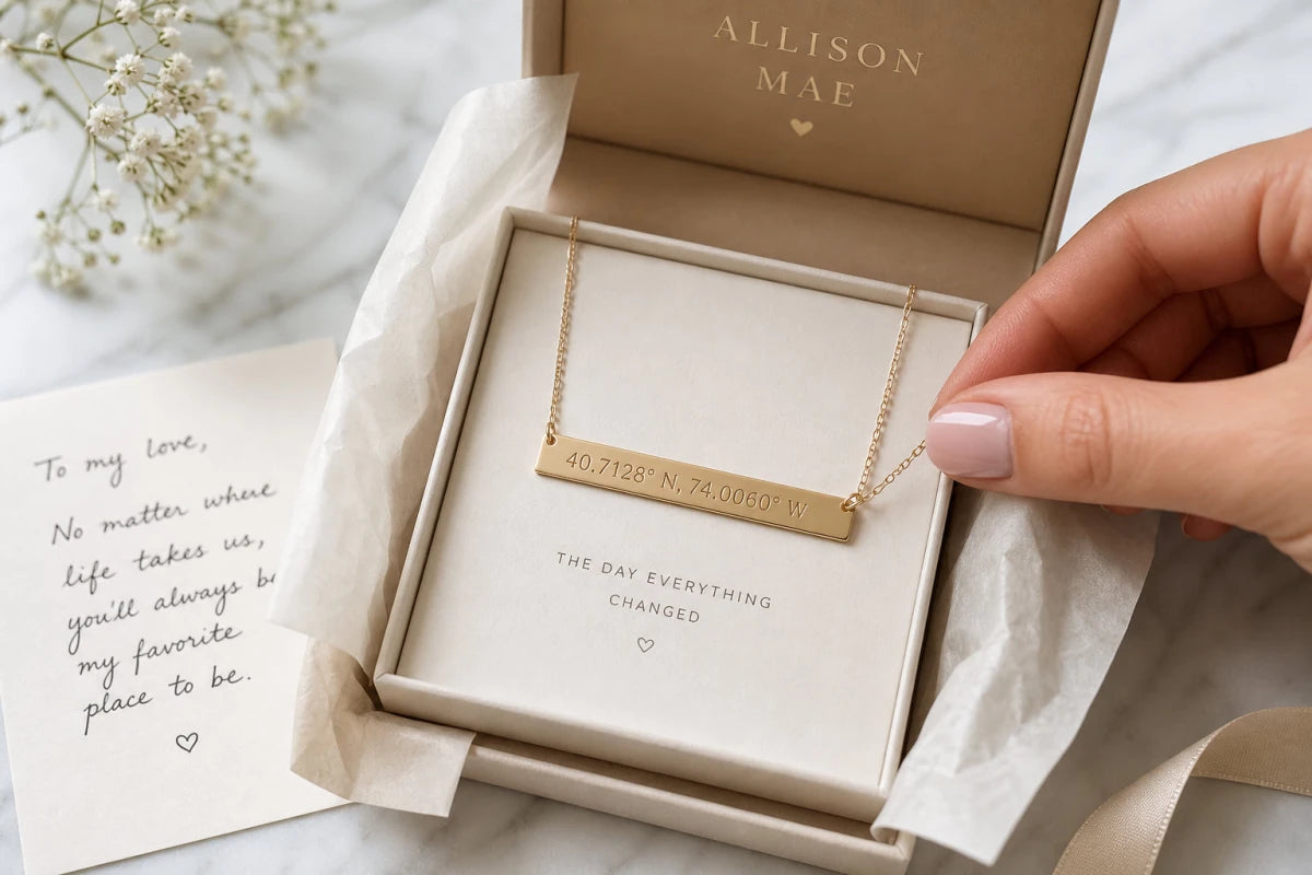 Personalized coordinates necklace in an elegant gift box ready for shipping