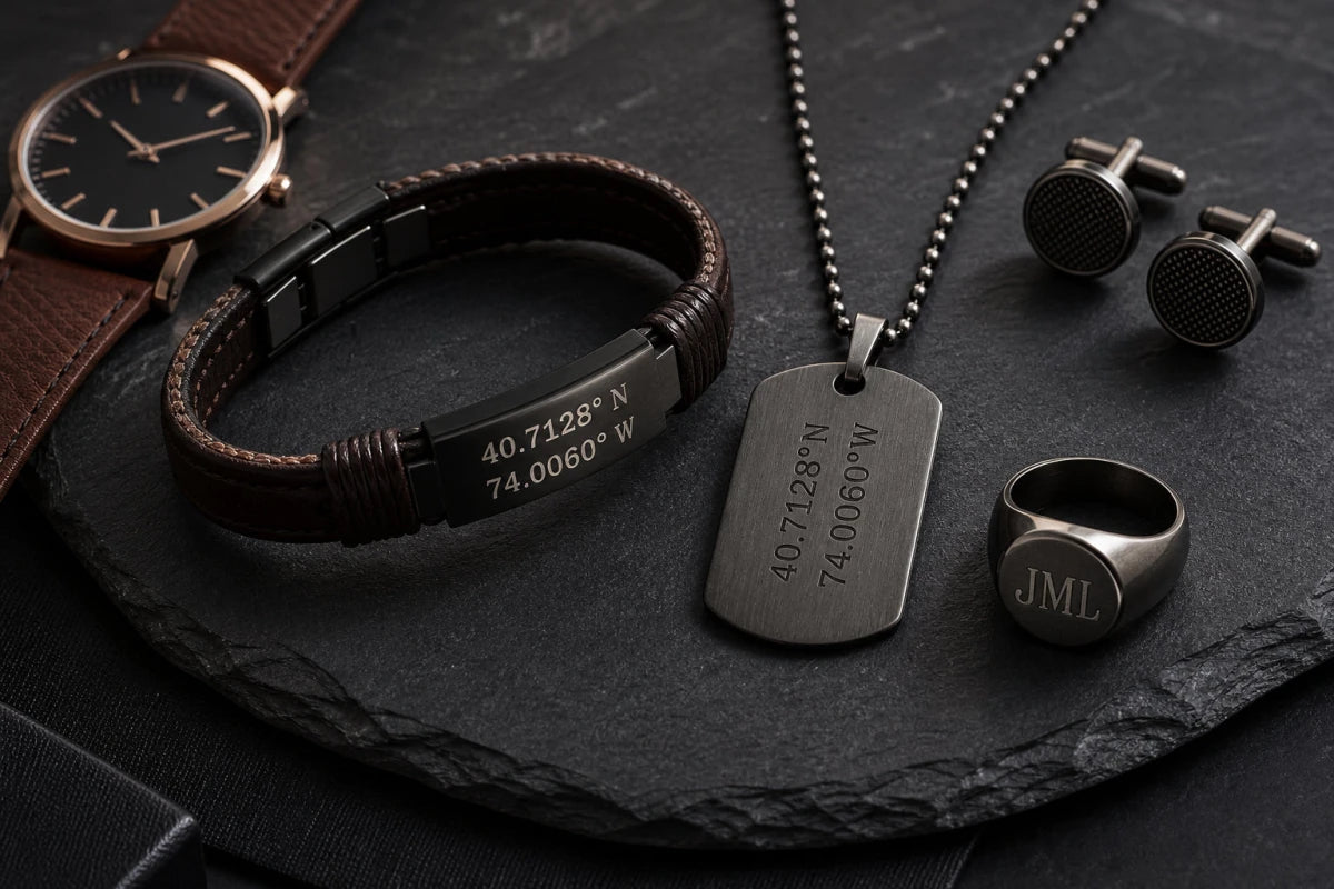 Men's personalized coordinates jewelry collection on dark slate with leather accessories