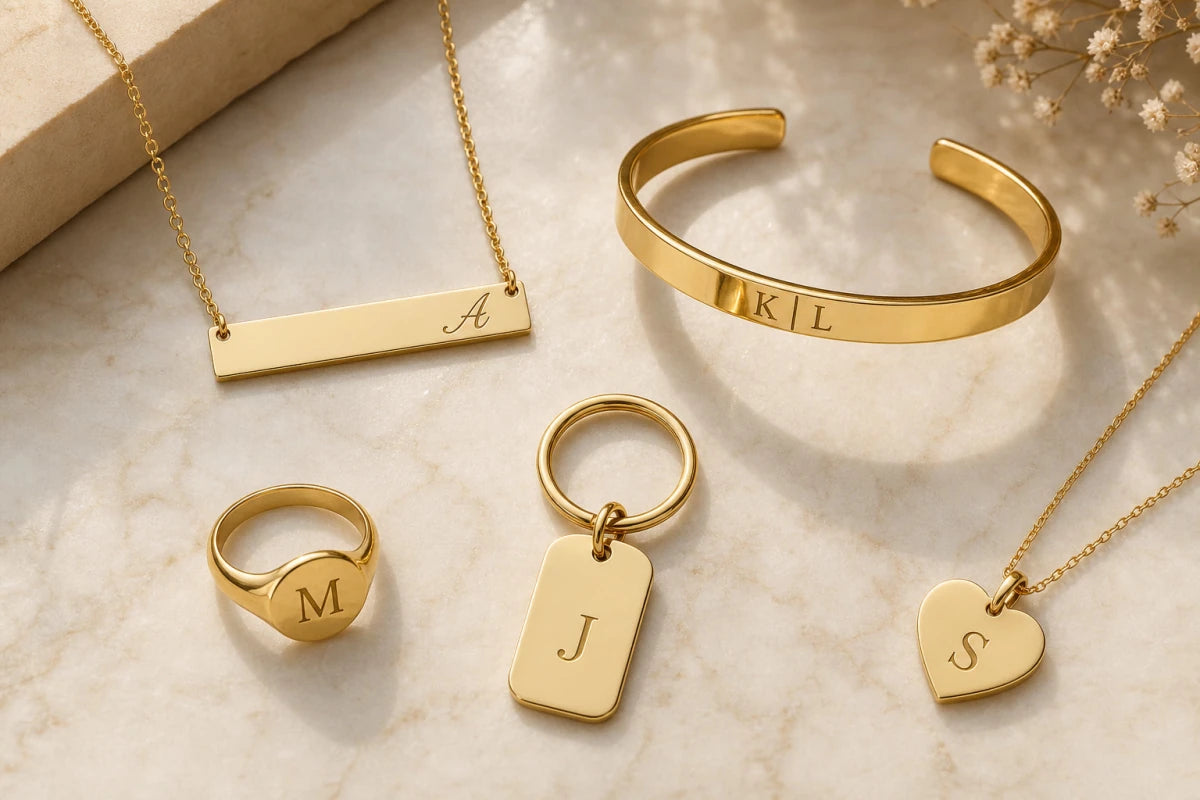 Collection of personalized gold jewelry including necklace bracelet ring keychain - complete guide 2026