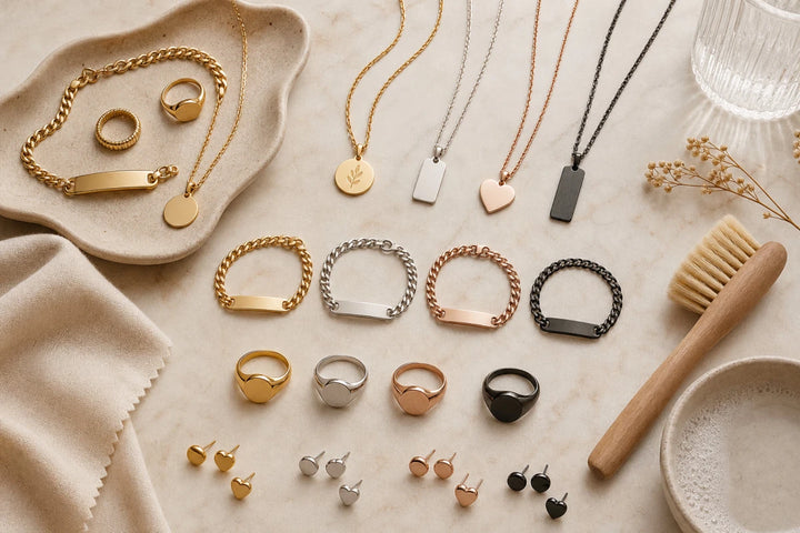 Complete personalized jewelry collection in gold, silver, rose gold and black finishes arranged in editorial flat-lay style on marble surface