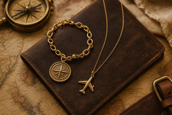 Gold compass bracelet and airplane necklace on vintage passport and map - unique gifts for travelers