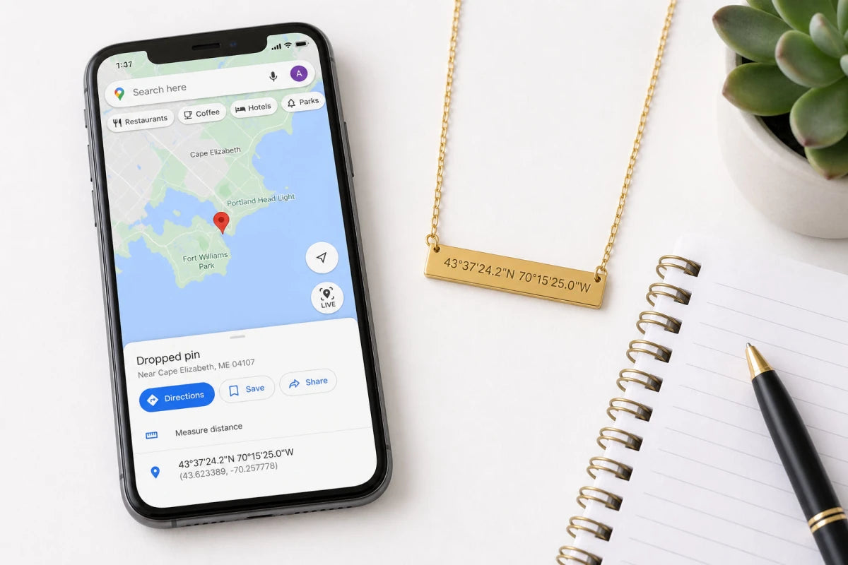Smartphone showing GPS coordinates on map next to matching coordinates necklace - what GPS coordinates mean