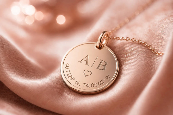 Close-up of a personalized pendant necklace with coordinates engraving on pink satin