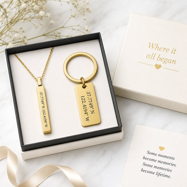Coordinates necklace and keychain gift set in gold with engraved GPS coordinates