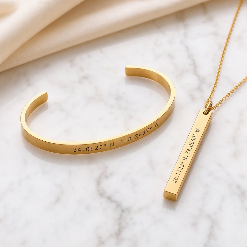 Coordinates bracelet and necklace set in gold with engraved GPS coordinates