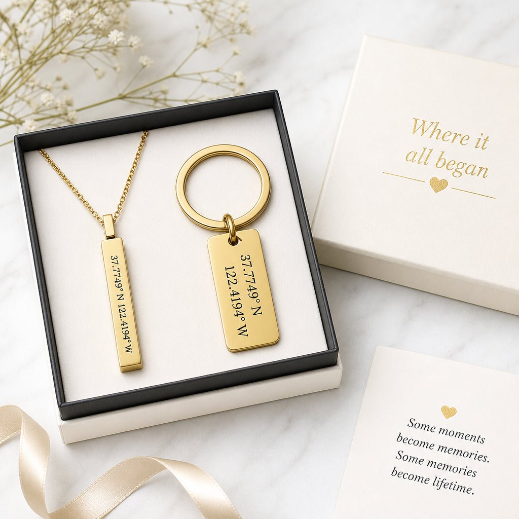Coordinates necklace and keychain gift set in gold with engraved GPS coordinates