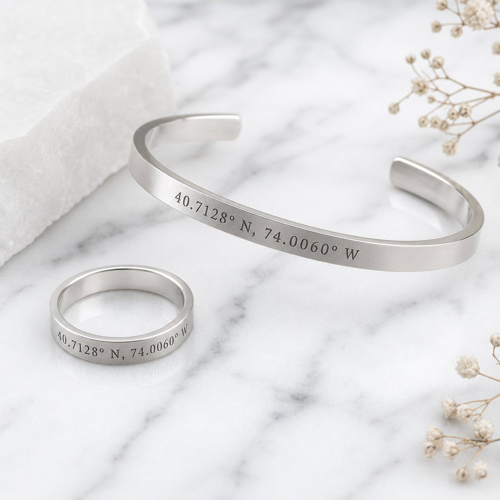 Coordinates ring and bracelet set in silver with engraved GPS coordinates