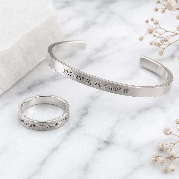 Coordinates ring and bracelet set in silver with engraved GPS coordinates